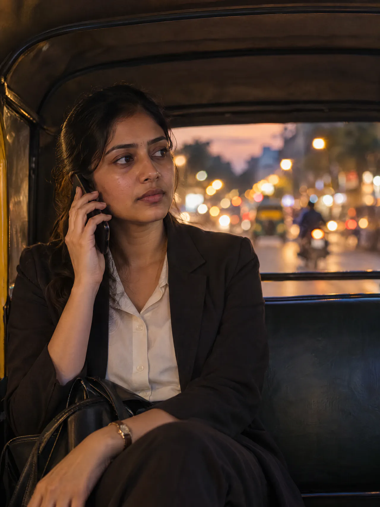 A woman in an auto-rickshaw at dusk, waiting for the salon to pick up
