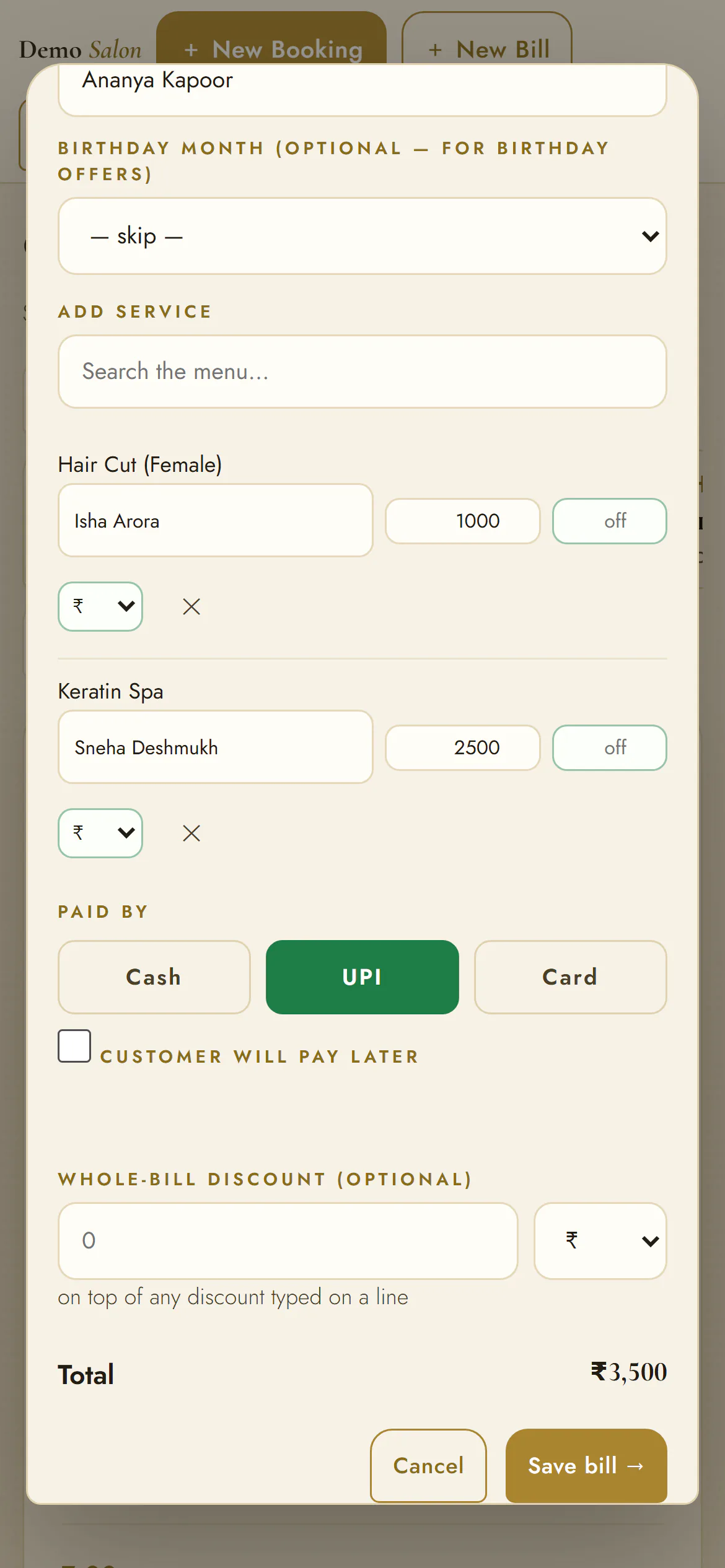 A bill on a phone: two services, each with the person who did it, paid by UPI.