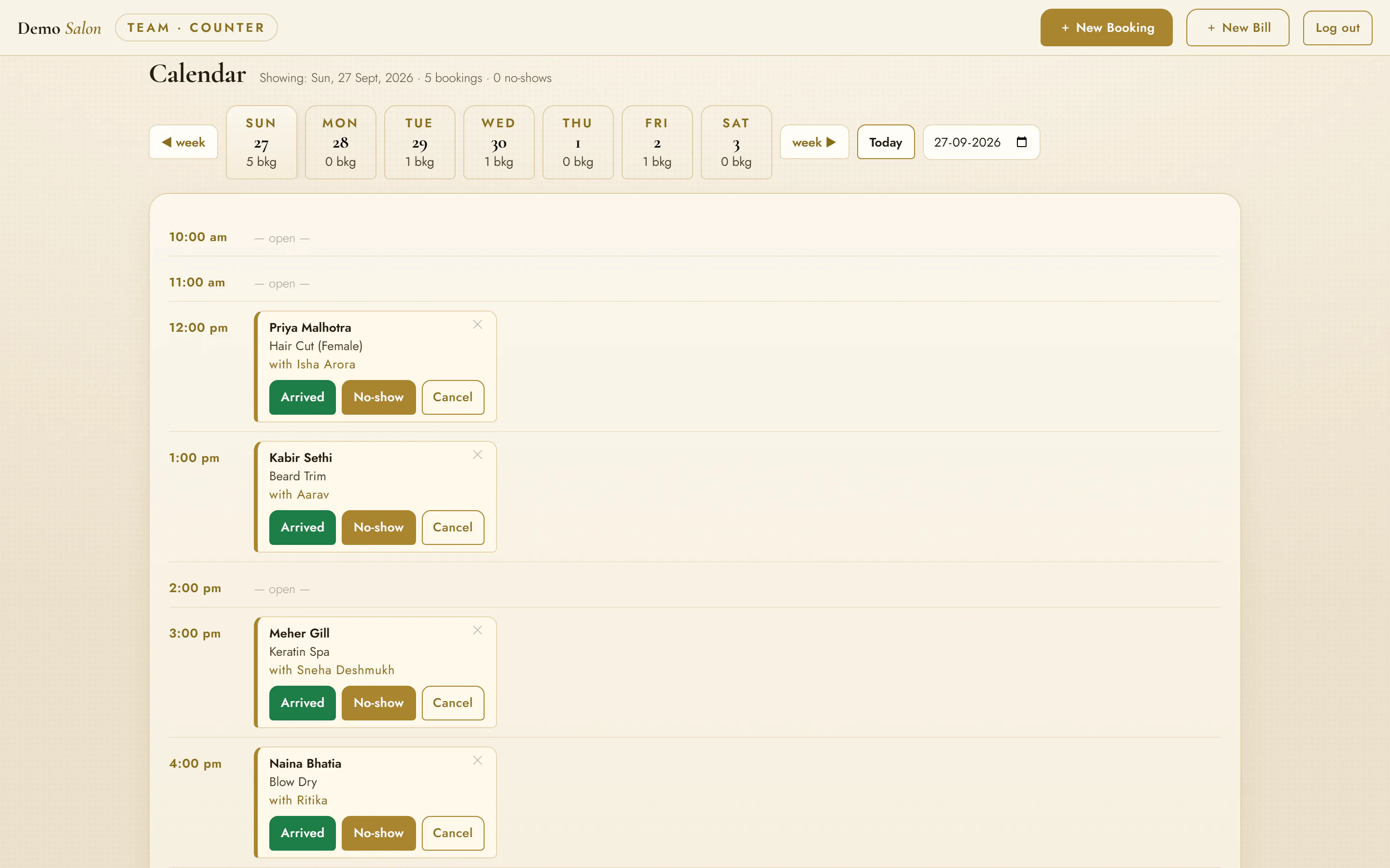 The counter’s calendar: the week at a glance, and today hour by hour, each booking one tap from Arrived or No-show.