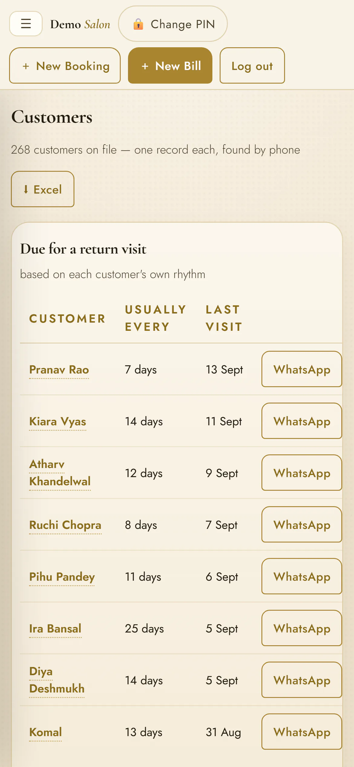 Clients due for a return visit, on a phone, with a WhatsApp reminder a tap away.