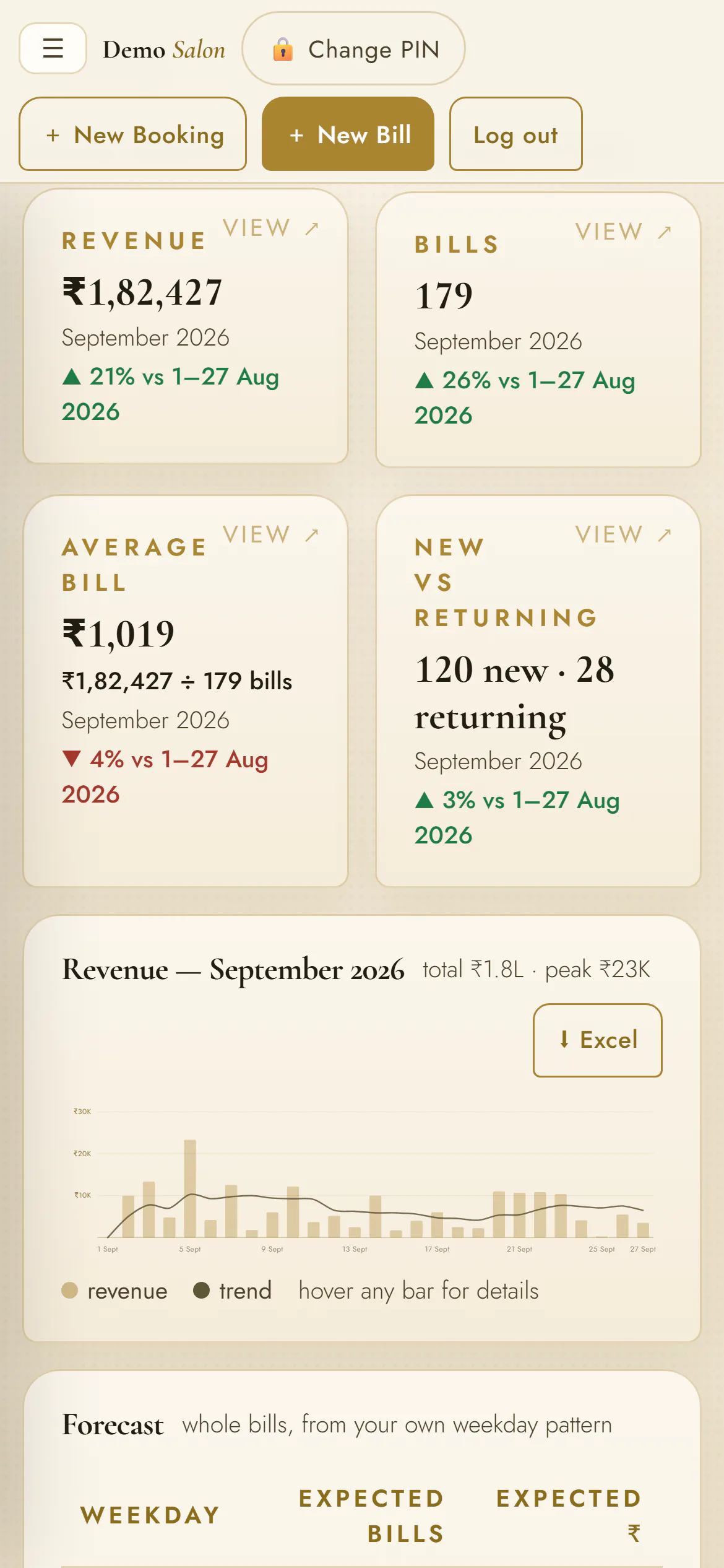 This month’s money on a phone: revenue, bills, the average bill, new and returning clients.