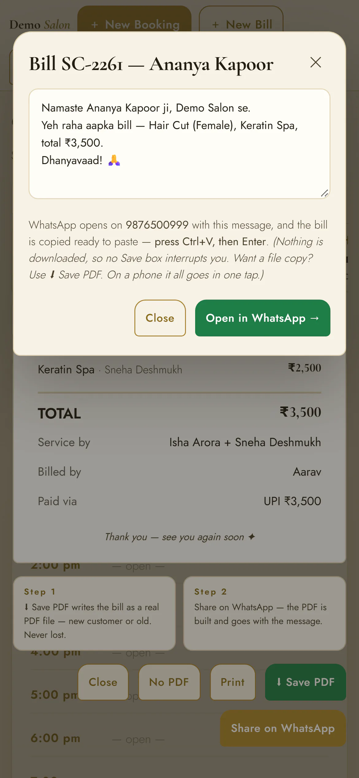The thank-you the counter writes for WhatsApp, on a phone.